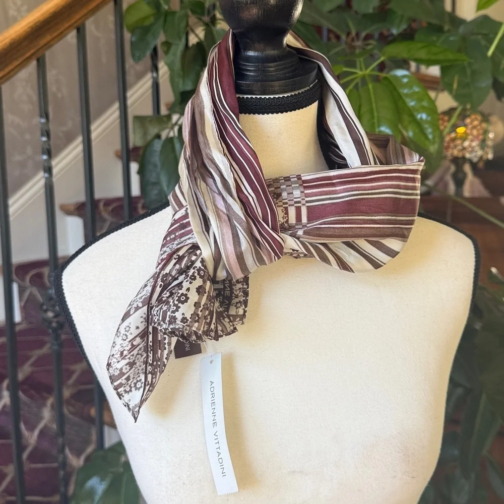 ADRIENNE VITTADINI LADIES 100% SILK SCARF NWT NEW TAGS, BURGUNDY, BEIGE COLORS
